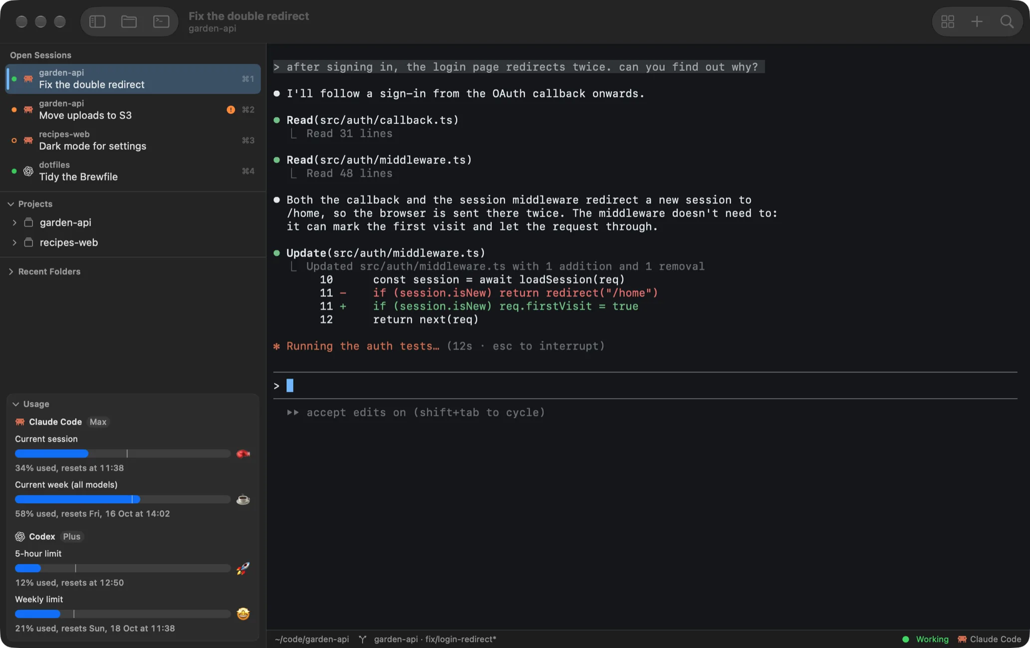 Flotilla's window: four sessions in the sidebar, each saying whether it is working or waiting; ⌘K finding a session by what was asked in it; a terminal beside a session; the project's files, and a Markdown file in the editor and then rendered.